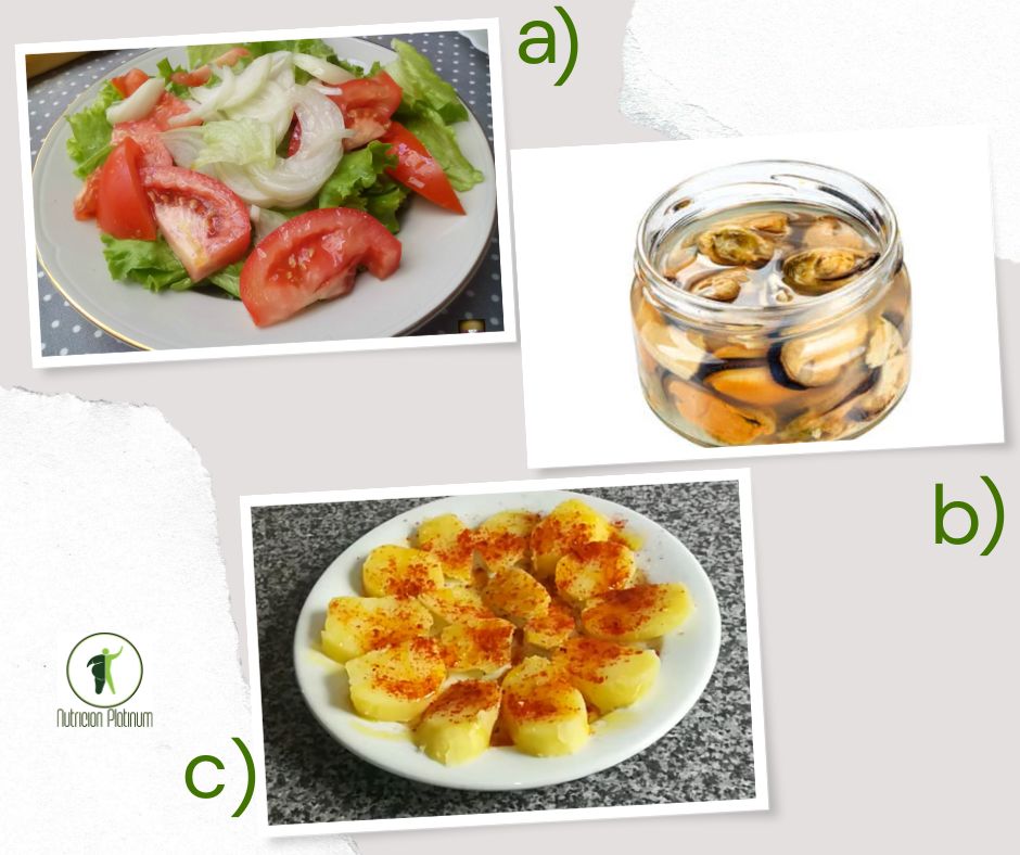 Ensalada de tomate con lechuga y cebolla con mejillones al natural y patatas a la gallega.